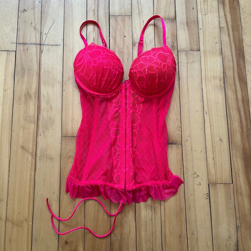 Hot Pink Lace Corset Bustier Babydoll Front Closure Ruffle Hem